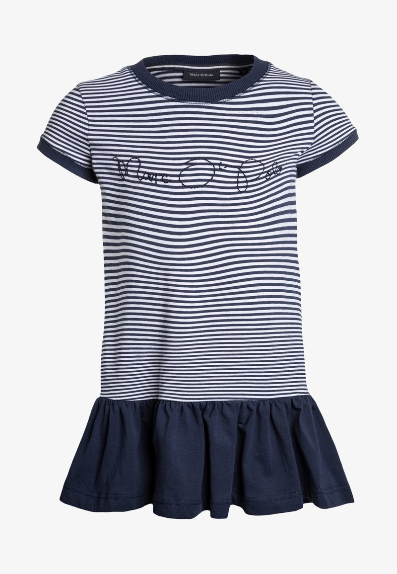 Sukienka w pionowe pasy w kolorze granatowym i białym, z krótkimi rękawami i falbanistym granatowym dołem. Wyszywana nazwa marki z przodu.