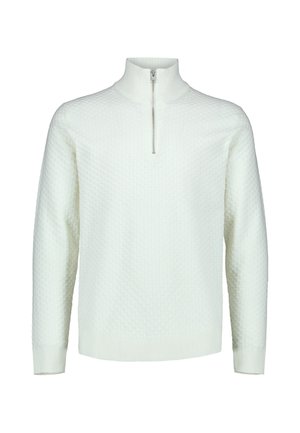 Hvid langærmet striktrøje med halv lynlås og høj krave, med et subtilt tekstureret mønster gennem hele stoffet.