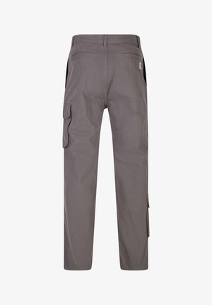 Szare spodnie cargo z wieloma kieszeniami, prostym krojem nogawki i subtelną strukturą. Zawierają elastyczny pas i boczne panele.