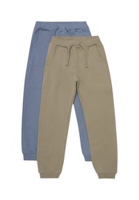 Deux paires de pantalons de jogging : l'une en bleu clair et l'autre en beige. Fabriquées en mélange de coton doux, avec des ceintures élastiques et des chevilles resserrées.
