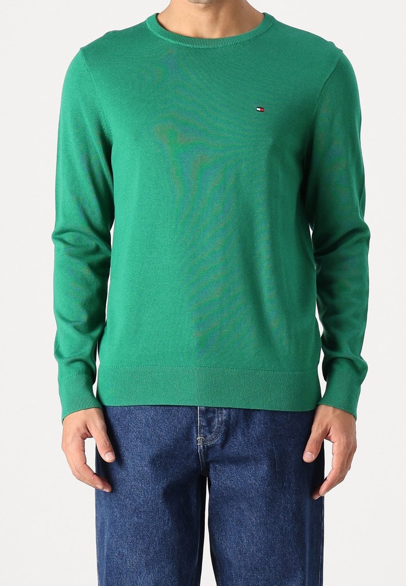 Homme portant un pull vert uni à manches longues avec un petit logo sur la poitrine et un jean en denim bleu, debout devant un fond uni.