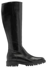 Botte noire en cuir avec une finition lisse, bout rond et semelle en caoutchouc texturée. Présente un minimum de couture et un design épuré.