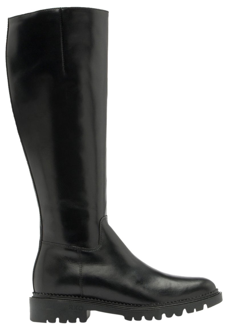 Botte noire en cuir avec une finition lisse, bout rond et semelle en caoutchouc texturée. Présente un minimum de couture et un design épuré.