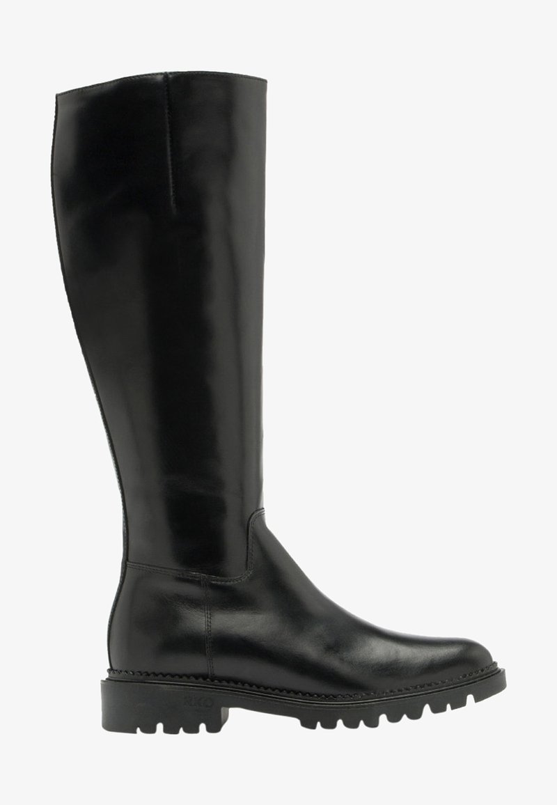 Botte noire en cuir avec une finition lisse, bout rond et semelle en caoutchouc texturée. Présente un minimum de couture et un design épuré.