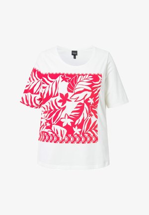 Biała koszulka z krótkim rękawem z dużym różowym nadrukiem tropikalnego liścia i kwiatu na przodzie, z falbaniastym wykończeniem.