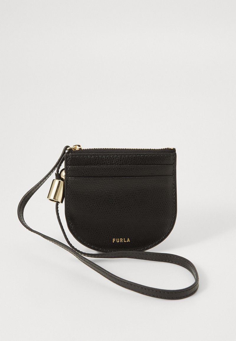 Black leather pouch with a rounded shape, featuring a zip closure and a gold-tone lock accent. It has a detachable strap and a smooth texture.