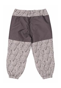 Grau gemusterte Hose mit elastischem Bund und Bündchen; weist ein florales Design auf hellerem Stoff und einen einfarbigen grauen oberen Bereich auf.