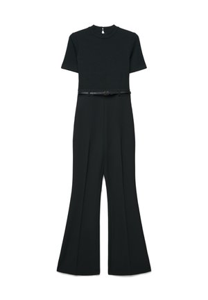 Tuta nera a maniche corte con collo alto, cintura aderente in vita e pantaloni a gamba larga, mostrata su sfondo bianco.