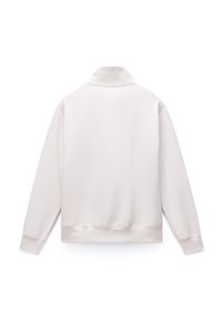 Φούτερ ανοιχτού μπεζ χρώματος με ψηλό γιακά, ριμπ μανσέτες και λεία υφή. Διαθέτει άνετη γραμμή και μίνιμαλ σχεδιασμό στην πλάτη.