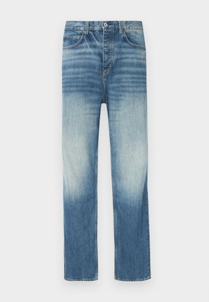 Light blue denim jeans with a faded finish, straight cut, five-pocket design, and a button closure at the waistband.