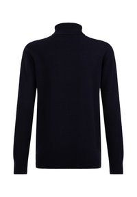 Mornarska turtleneck pulover z dolgimi rokavi, ribastim ovratnikom in manšeti, izdelan iz mehkega pletenega materiala, ima preprost in gladek teksturo.