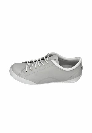 Gray low-top sneaker with white laces, white sole, and padded collar, shown from the outer side on a white background.