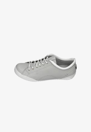 Gray low-top sneaker with white laces, white sole, and padded collar, shown from the outer side on a white background.