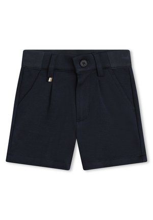 Pantaloni corti blu navy realizzati in tessuto testurizzato, dotati di una vita, tasche frontali e chiusura con bottone. Taglio sartoriale con finitura pulita.