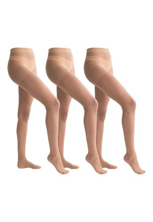 Drie paar benen met doorschijnende huidkleurige panty's, elk been in een andere opgeheven pose tegen een witte achtergrond.