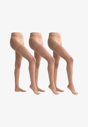 Trois paires de jambes portant des collants couleur chair transparents, chaque jambe dans une pose levée différente sur fond blanc.