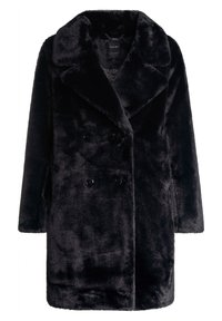 Černý kabát z umělé kožešiny se zdvojeným zapínáním, širokým límcem, hladkou texturou a knoflíkovými zapínáními. Navržený s volnějším střihem pro větší teplo.
