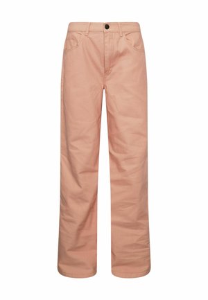 Lichtroze broek met rechte pijpen, voorzakken, riemlussen, knoopsluiting en zichtbare naaddetails.