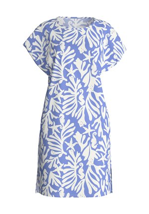 Hellblaues knielanges Kleid mit kurzen Ärmeln und weißen Mustern von Seetang, Seesternen und Seepferdchen.