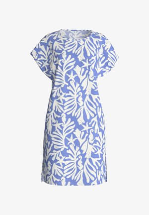 Lichtblauwe jurk tot op de knie met korte mouwen, met witte patronen van zeewier, zeesterren en zeepaardjes.