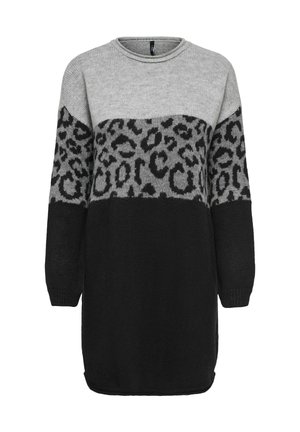 Robe en tricot avec une partie supérieure grise, une partie inférieure noire et un motif léopard au milieu. Elle possède des manches longues et un col rond.