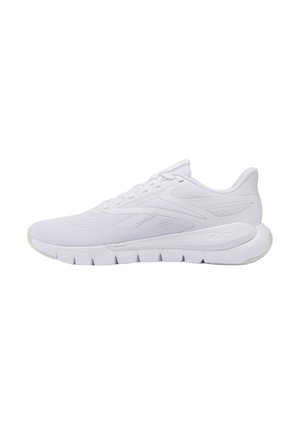 Weißer Reebok-Laufschuh mit Mesh-Obermaterial, gepolsterter Sohle und strukturiertem Außensohlenprofil, seitlich dargestellt vor weißem Hintergrund.