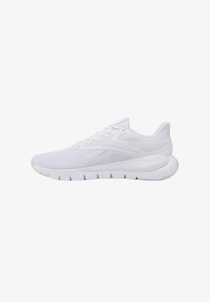 Weißer Reebok-Laufschuh mit Mesh-Obermaterial, gepolsterter Sohle und strukturiertem Außensohlenprofil, seitlich dargestellt vor weißem Hintergrund.