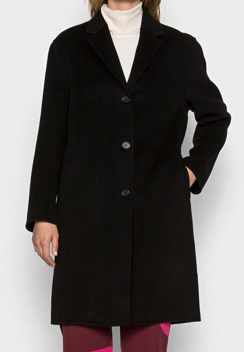 Cappotto in lana nero con colletto a risvolto, chiusura con cinque bottoni e maniche lunghe. Tessuto liscio, design fino al ginocchio e tasche laterali.