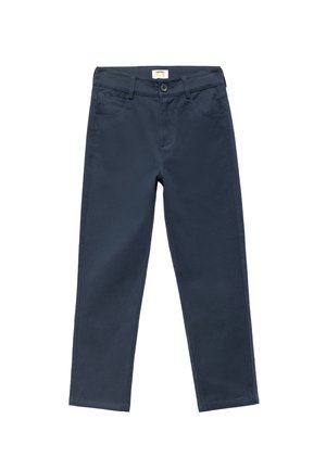 Chinos in cotone blu navy con taglio dritto, dotati di tasche frontali, chiusura a bottone e dettagli di cucitura sottili.