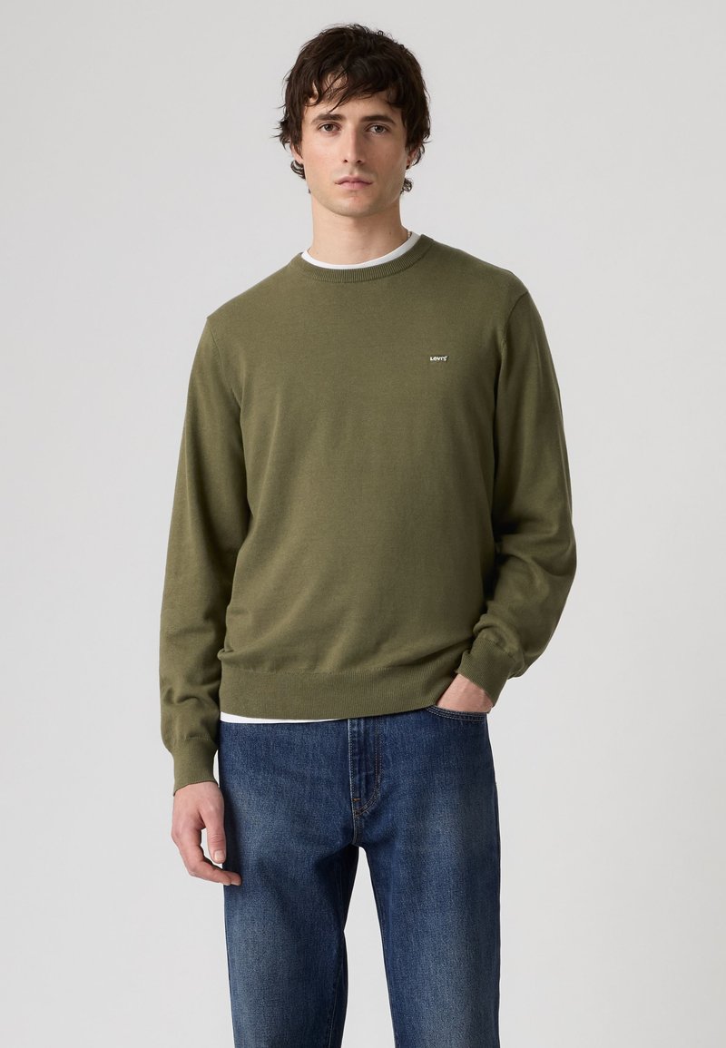 Young man wearing an olive green crew neck sweater and blue jeans standing against a plain light gray background.