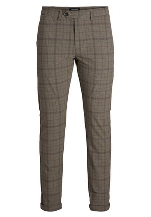 Braune Slim-Fit-Hose mit dezentem Karomuster, Knopfverschluss, Gürtelschlaufen, Seitentaschen und umgeschlagenen Beinabschlüssen.