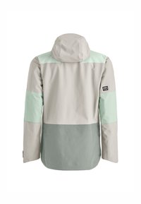 Lightweight jacket featuring a hood, color-block design in gray, mint green, and darker green, with a logo patch on the sleeve.