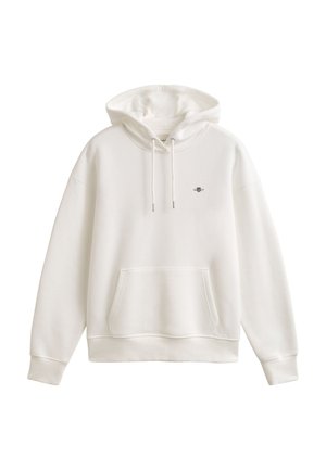 Fehér kapucnis pulóver elején kengurutáskával, állítható zsinóros kapucnival, bordázott mandzsettával és szegéllyel, bal mellrészen kis hímzett logóval.