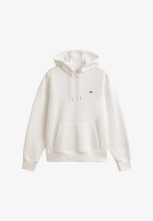 Fehér kapucnis pulóver elején kengurutáskával, állítható zsinóros kapucnival, bordázott mandzsettával és szegéllyel, bal mellrészen kis hímzett logóval.