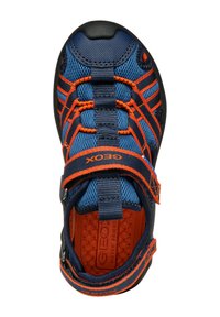 Zapato para hombre resistente al agua en azul y naranja. Tiene parte superior de malla, correa ajustable, suela de goma y plantilla acolchada con punta redondeada.