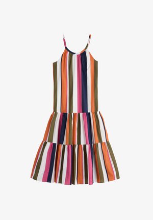 Csíkozott ruha vékony pántokkal, függőleges csíkokkal narancssárga, rózsaszín, tengerészkék, zöld és fehér színekben; rakott szoknya fodros szegéllyel.