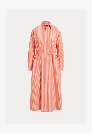 Triibuline kleit oranži ja valge tooniga, mis on varustatud kraega, pikkade varrukatega, lõuatud vöökoha ja midi-pikkuse voolava seelikuga.