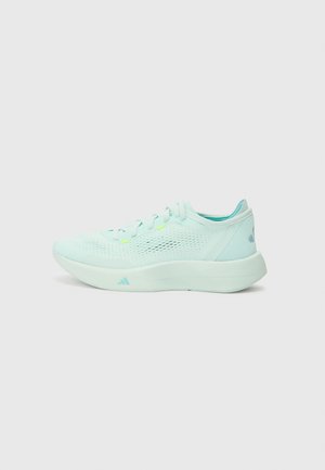 Light blue running shoe with a mesh upper, textured sole, and padded collar. Features neon accents and a streamlined design.