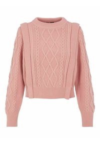 Pull rose en maille torsadée avec motifs en losange et tressés, manches longues, poignets côtelés, ourlet et encolure ronde.