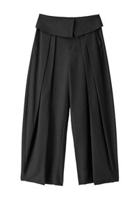 Pantalon noir taille haute à jambes larges avec plis devant et large ceinture pliée, présenté sur fond blanc.
