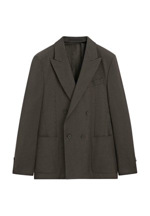 Ciemnobrązowa marynarka dwurzędowa z szerokimi klapami, dwoma dolnymi naszywanymi kieszeniami oraz detalami z guzików na przodzie i mankietach, pokazana na płasko.