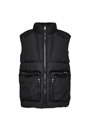 Black padded vest with a high collar, front zipper, and two zippered pockets. Features a smooth texture and quilted design.