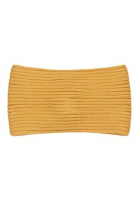 Gebreide hoofdband in mosterdgeel, met een ribbelstructuur en een brede, rechthoekige vorm, geschikt voor warmte en stijl.