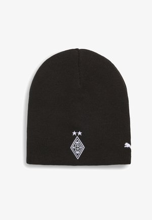 Gorro de punto negro con logo bordado en blanco que incluye diamantes y una "B", además de un logo de Puma en el costado. Textura suave, ajuste ceñido.