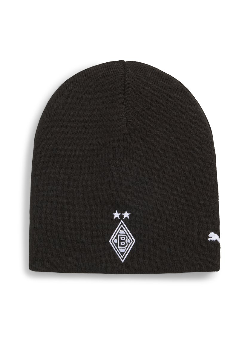 Bonnet en tricot noir avec un logo brodé blanc composé de diamants et d'un "B", ainsi qu'un logo Puma sur le côté. Texture lisse, coupe ajustée.