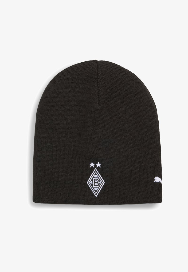 Bonnet en tricot noir avec un logo brodé blanc composé de diamants et d'un "B", ainsi qu'un logo Puma sur le côté. Texture lisse, coupe ajustée.