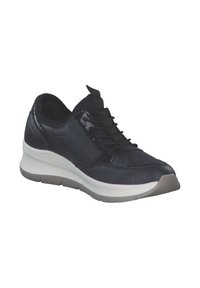 Black sneaker with a smooth textured upper, lace-up design, and a white midsole. Features sturdy stitching and a padded collar for comfort.