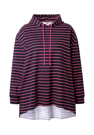 Kapuzensweatshirt mit schwarzen und pinkfarbenen horizontalen Streifen, ausgestattet mit Kordelzug, lockerem Sitz und längerer Rückenpartie, gefertigt aus weichem Baumwollstoff.