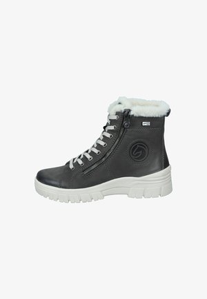 Grijze leren enkellaarsjes met een witte fauxbont kraag, veters en een ritssluiting aan de zijkant. Dikke witte rubberen zool met een geprofileerd loopvlak voor grip.