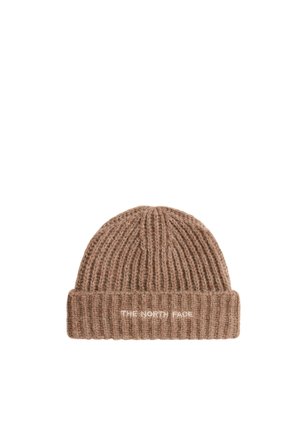 Braune gerippte Strickmütze mit umgeschlagenem Bündchen und weiß gesticktem "THE NORTH FACE" Logo auf der Vorderseite.